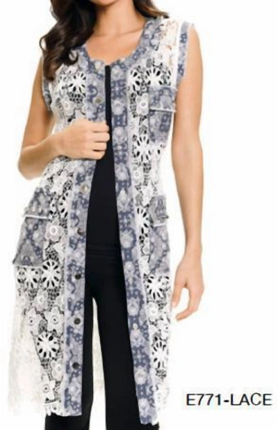Shop Adore Lace And Denim Long Vest In White In Beige