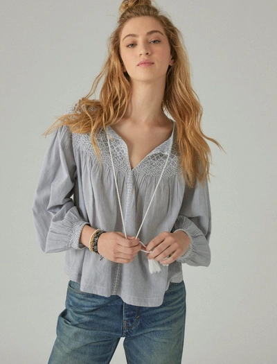 Shop Lucky Brand Womens Striped Smocked Peasant Blouse In Grey
