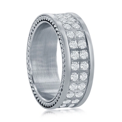 Blackjack Stainless Steel Double Row Cz Polished Eternity Band In Silver