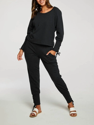 Shop Chaser Cashmere Fleece Lace Up Blouson Sleeve Raglan Pullover In True Black In Grey