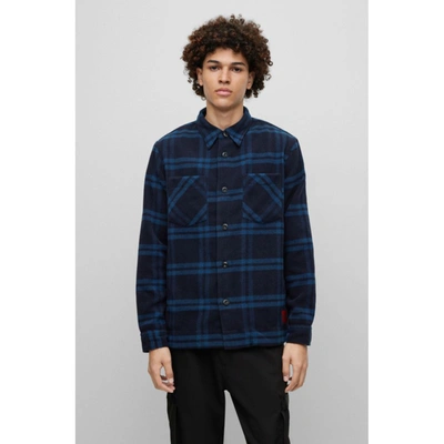 Shop Hugo Oversized-fit Overshirt In Checked Brushed Fabric In Blue