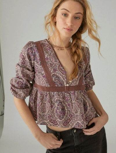 Shop Lucky Brand Womens Printed Lace Inset Babydoll Top In Purple