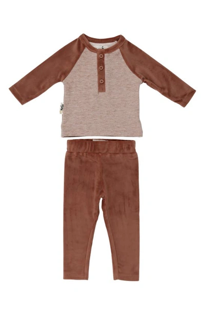 Shop Maniere Manière Velour Henley Top & Leggings Set In Taupe