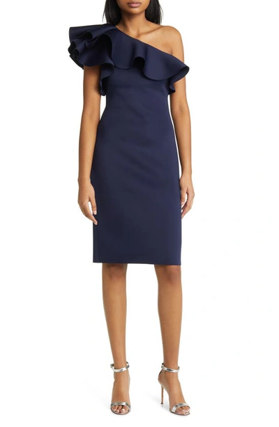 Shop Eliza J One-shoulder Ruffle Neck Midi Dress In Navy