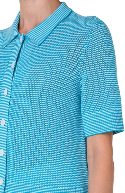 Shop Akris Punto Short Sleeve Merino Wool Cardigan In Turquoise-cream