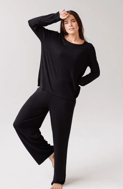 Cozy Earth Rib Long Sleeve Knit Pajama Top In Black
