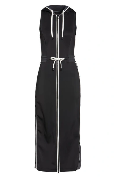Shop Blanc Noir Vista Sleeveless Hooded Midi Track Dress In Black/ Charcoal
