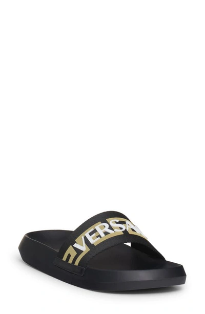 Shop Versace La Greca Logo Pool Slide Sandal In Black/ Gold