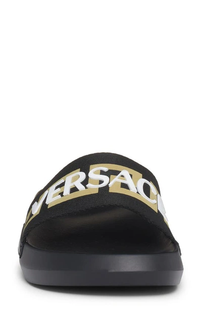 Shop Versace La Greca Logo Pool Slide Sandal In Black/ Gold