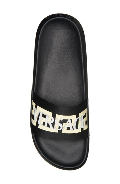 Shop Versace La Greca Logo Pool Slide Sandal In Black/ Gold