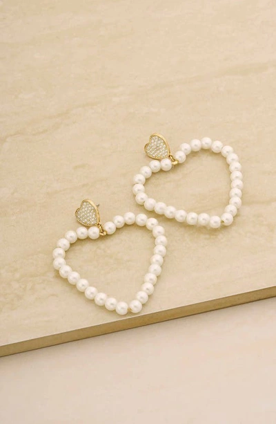 Shop Ettika Big Heart Imitation Pearl Drop Earrings In Gold