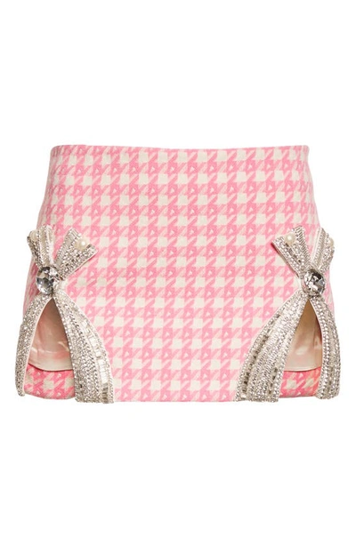 Shop Area Deco Crystal Bow Wool Blend Houndstooth Miniskirt In Pink Multi