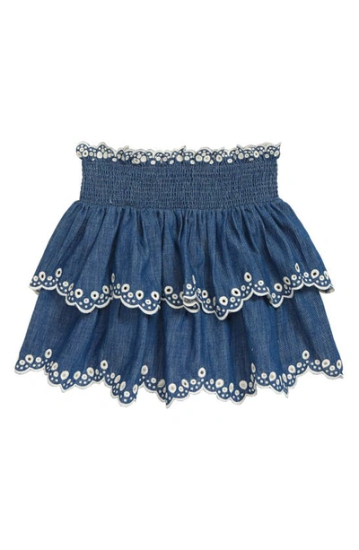 Shop Zimmermann Kids' Tiggy Embroidered Chambray Tiered Skirt In Blue Lagoon