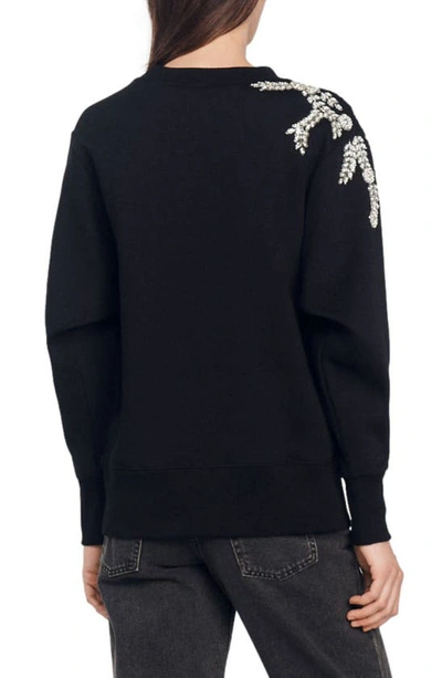 Shop Sandro Marceau Embellished Cotton Blend Sweatshirt In Black