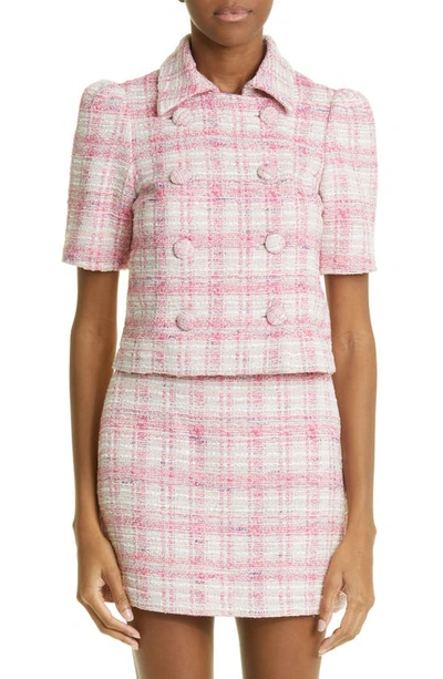 Lisa Marie Fernandez Double Breasted Puff Sleeve Tweed Blazer In Pink Tweed
