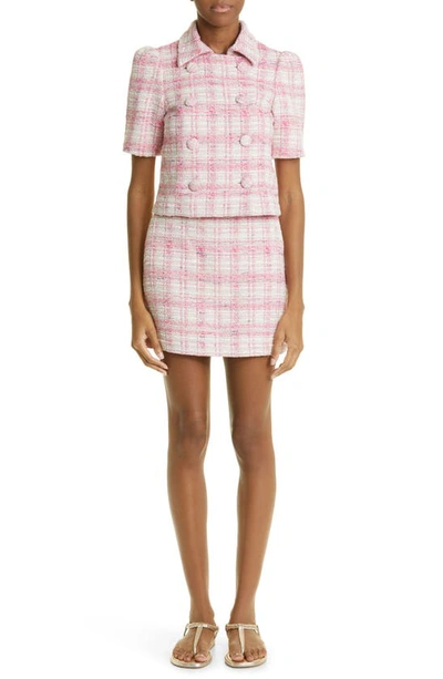 Lisa Marie Fernandez Double Breasted Puff Sleeve Tweed Blazer In Pink Tweed