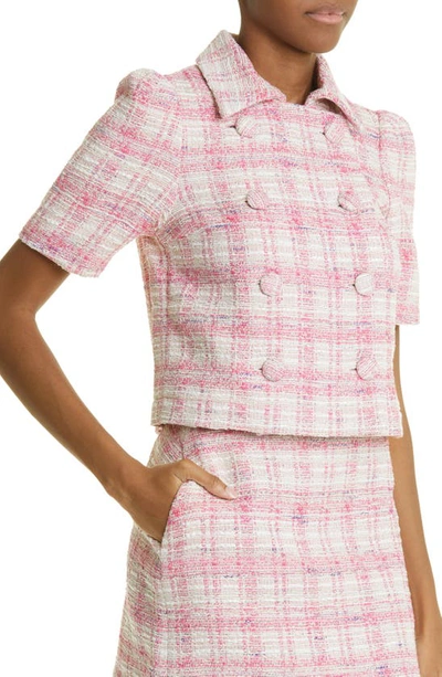 Lisa Marie Fernandez Double Breasted Puff Sleeve Tweed Blazer In Pink Tweed