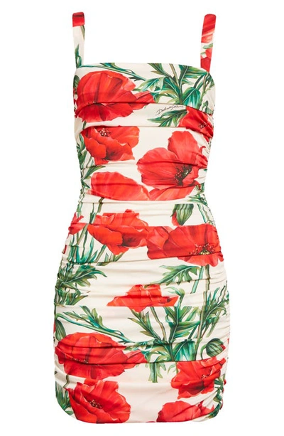Shop Dolce & Gabbana Poppy Print Ruched Stretch Silk Charmeuse Dress In Natural White