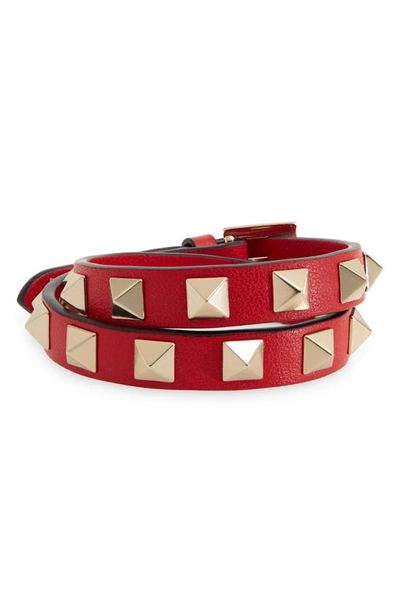 Shop Valentino Rockstud Double Wrap Leather Bracelet In Ju5 Rouge Pur