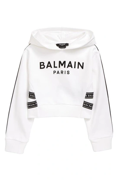 Shop Balmain Logo Tape Crop Graphic Hoodie In White/ Black