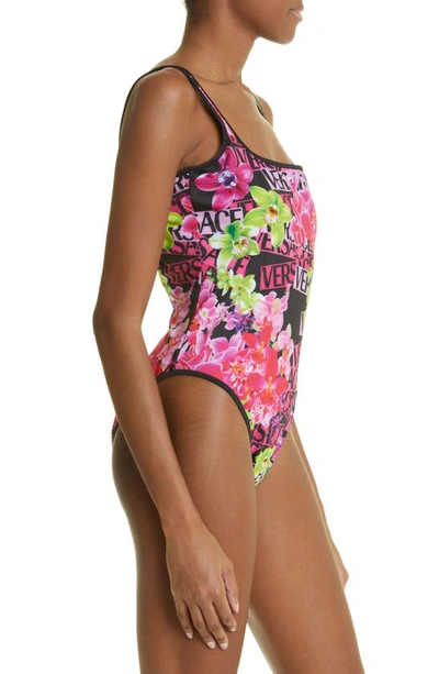 Shop Versace Orchid Print Reversible One-piece Swimsuit In Rosa
