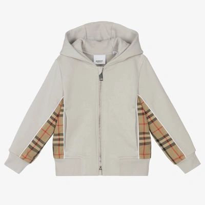 Shop Burberry Boys Grey & Beige Check Hooded Top