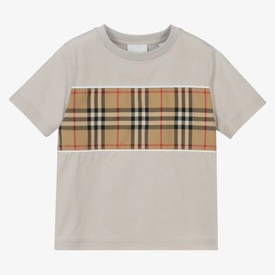 Shop Burberry Boys Grey & Beige Check T-shirt