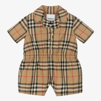 Shop Burberry Baby Girls Beige Check Cotton Playsuit