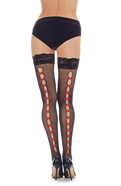 Memoi Bow Backseam Fishnet Stockings In Black