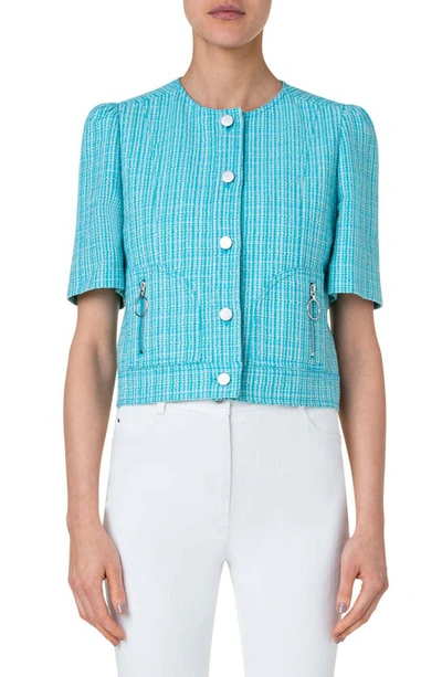 Shop Akris Punto Short Sleeve Cotton & Linen Tweed Jacket In Turquoise-multicolor