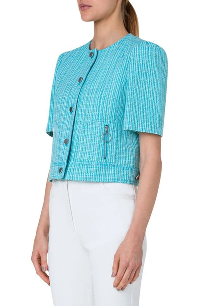 Shop Akris Punto Short Sleeve Cotton & Linen Tweed Jacket In Turquoise-multicolor