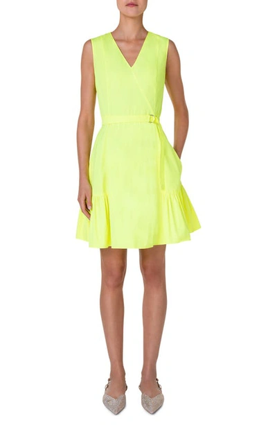 Shop Akris Punto V-neck Belt Detail Cotton Poplin Dress In Neon Yellow