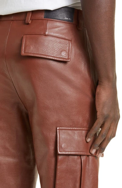 Shop Amiri Leather Flare Cargo Pants In Brown