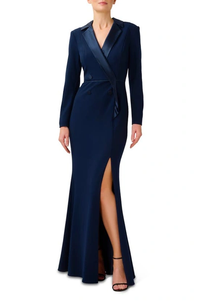 Shop Adrianna Papell Crepe Long Sleeve Tuxedo Trumpet Gown In Midnight