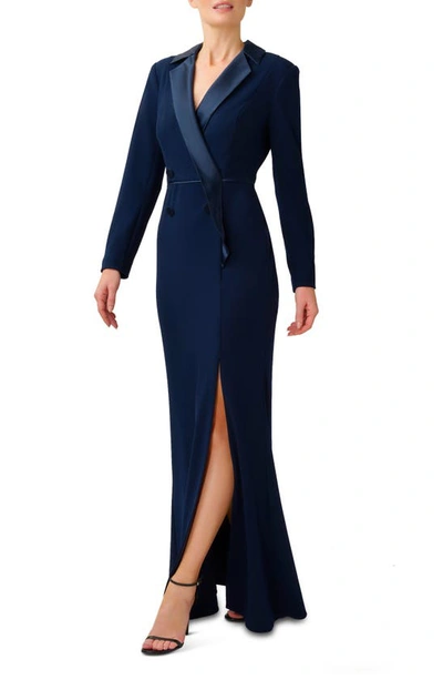 Shop Adrianna Papell Crepe Long Sleeve Tuxedo Trumpet Gown In Midnight