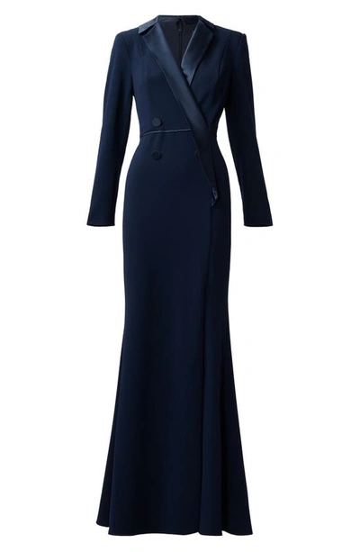 Shop Adrianna Papell Crepe Long Sleeve Tuxedo Trumpet Gown In Midnight