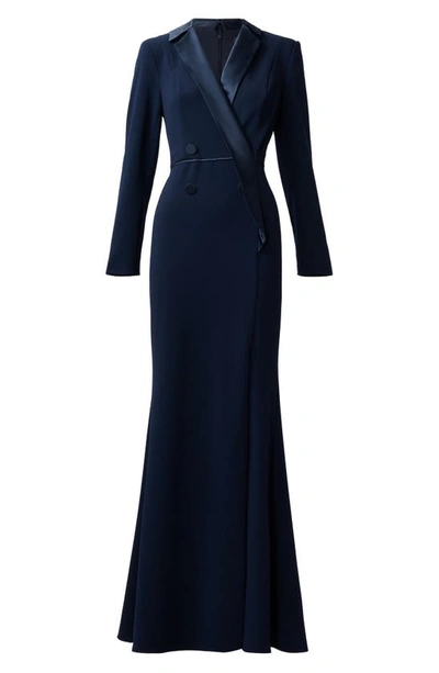 Adrianna Papell Satin Trim Crepe Tuxedo Gown In Midnight
