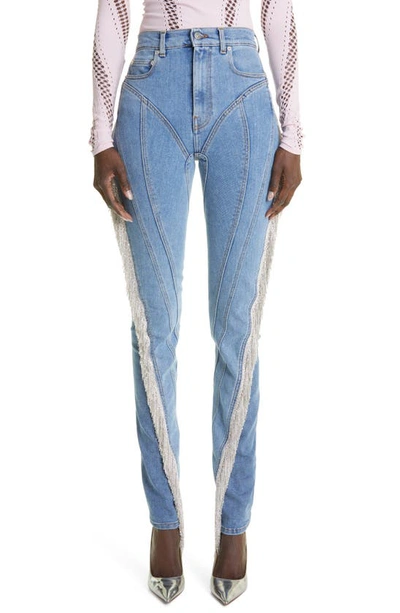 Shop Mugler Spiral Embellished Fringe Skinny Jeans In Medium Blue / Medium Blue