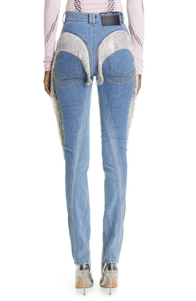 Shop Mugler Spiral Embellished Fringe Skinny Jeans In Medium Blue / Medium Blue