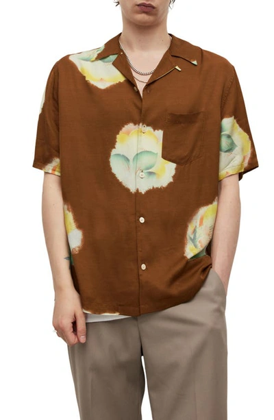 Shop Allsaints Toulon Floral Short Sleeve Button-up Camp Shirt In Brown