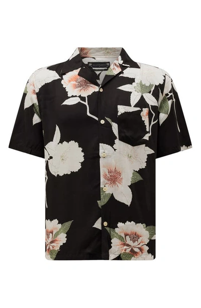 Shop Allsaints Alamein Relaxed Fit Floral Short Sleeve Button-up Camp Shirt In Jet Black