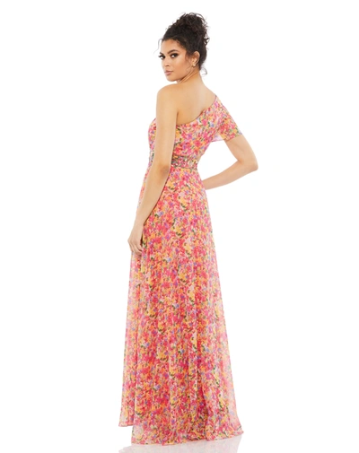 Shop Mac Duggal Floral Print One Shoulder Butterfly Sleeve A Line Gown - Final Sale In Pink Multi