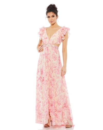 Mac Duggal Floral Print Cutout Chiffon Gown In Pink Multi