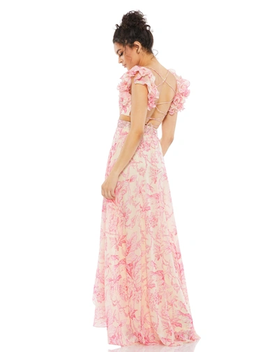 Mac Duggal Floral Print Cutout Chiffon Gown In Pink Multi