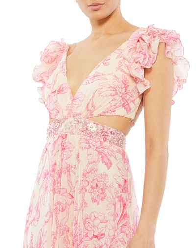 Mac Duggal Floral Print Cutout Chiffon Gown In Pink Multi
