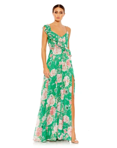 Shop Mac Duggal Floral Print Ruffled Wrap Over A Line Gown In Green Multi