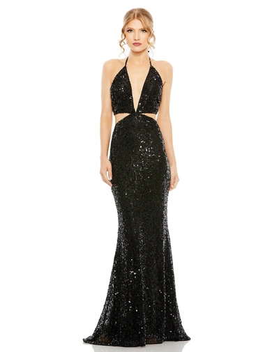 Shop Mac Duggal Cut Out Halter Tie Back Sequin Gown In Black