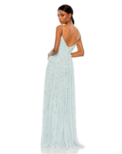Mac Duggal Embellished Ruffled Spaghetti Strap A Line Gown In Seamist
