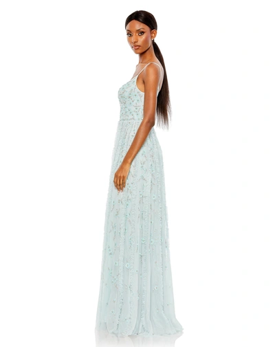 Mac Duggal Embellished Ruffled Spaghetti Strap A Line Gown In Seamist