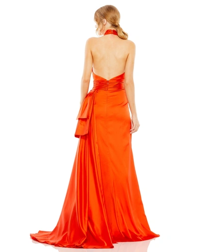 Mac Duggal Halter Neck Ruffle Side Slit Gown In Orange